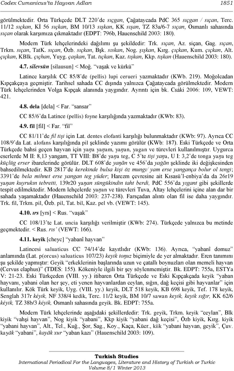 Modern Türk lehçelerindeki dağılımı şu şekildedir: Trk. sıçan, Az. siçan, Gag. sıçan, Trkm. sıçan, TatK. sıçan, Özb. sıçkan, Bşk. sıskan, Nog. şışkan, Kırg. çıçkan, Kum. çıçkan, Alt. çıçkan, KBlk.