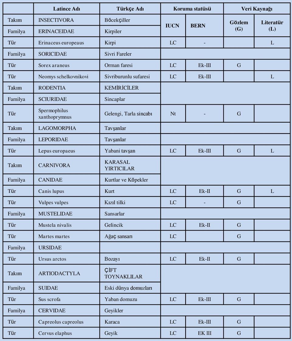xanthoprymnus Gelengi, Tarla sincabı Nt - G Takım LAGOMORPHA Tavşanlar Familya LEPORIDAE Tavşanlar Tür Lepus europaeus Yabani tavşan LC Ek-III G L Takım CARNIVORA KARASAL YIRTICILAR Familya CANIDAE