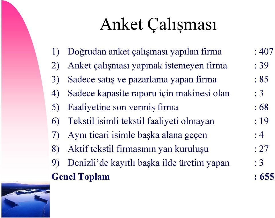 son vermiş firma : 68 6) Tekstil isimli tekstil faaliyeti olmayan : 19 7) Aynı ticari isimle başka alana geçen :