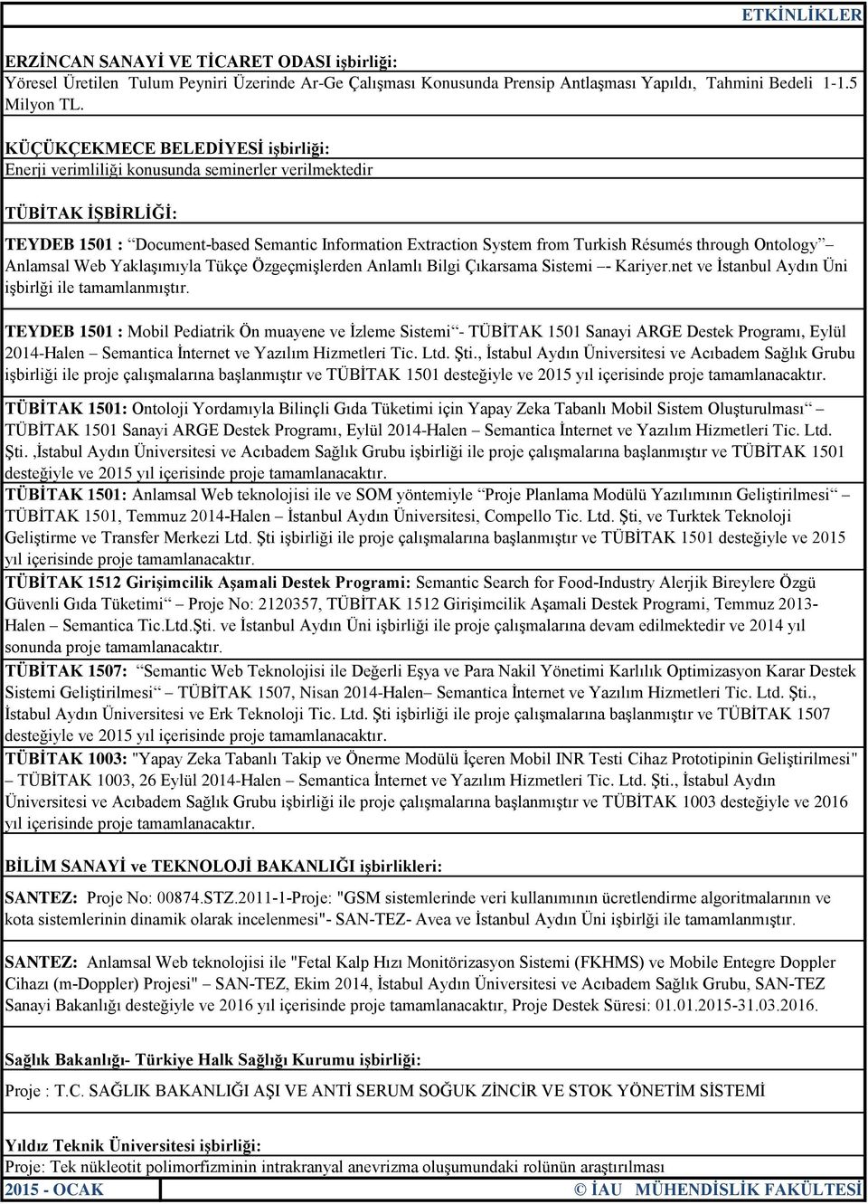 KÜÇÜKÇEKMECE BELEDİYESİ işbirliği: Enerji verimliliği konusunda seminerler verilmektedir TÜBİTAK İŞBİRLİĞİ: TEYDEB 1501 : Document-based Semantic Information Extraction System from Turkish Résumés