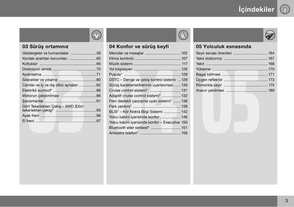 ..97 04 Konfor ve sürüş keyfi 04 05 Menüler ve mesajlar...102 Klima kontrolü...107 Müzik sistemi... 117 Yol bilgisayarı...126 Pusula*...128 DSTC Denge ve çekiş kontrol sistemi.