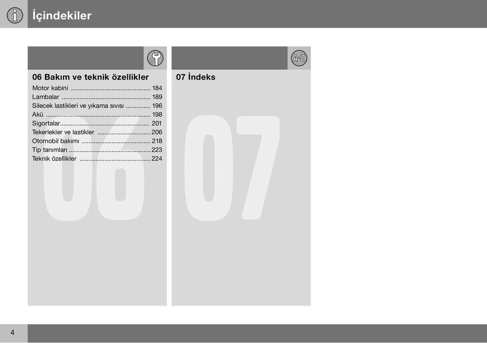 .. 196 Akü... 198 Sigortalar... 201 Tekerlekler ve lastikler.