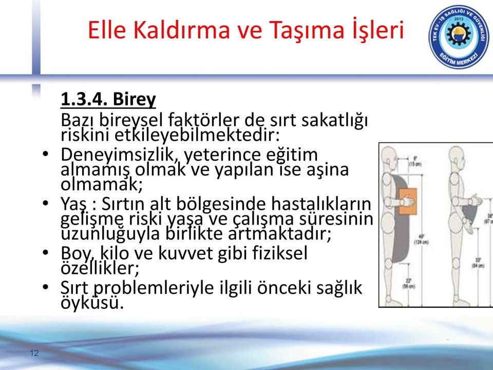 yeterince eğitim almamış olmak ve yapılan ise aşina olmamak; Yaş : Sırtın alt bölgesinde