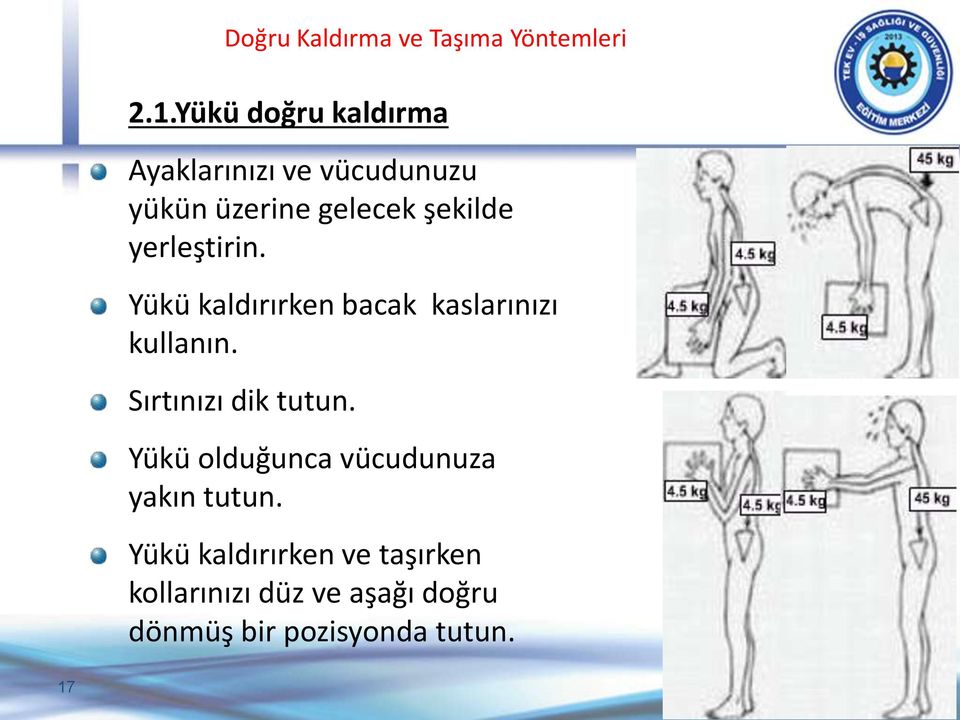 yerleştirin. Yükü kaldırırken bacak kaslarınızı kullanın. Sırtınızı dik tutun.