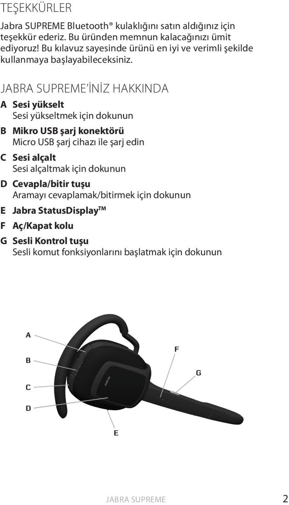 İNİZ HAKKINDA A Sesi yükselt Sesi yükseltmek için dokunun B Mikro USB şarj konektörü Micro USB şarj cihazı ile şarj edin C Sesi alçalt Sesi