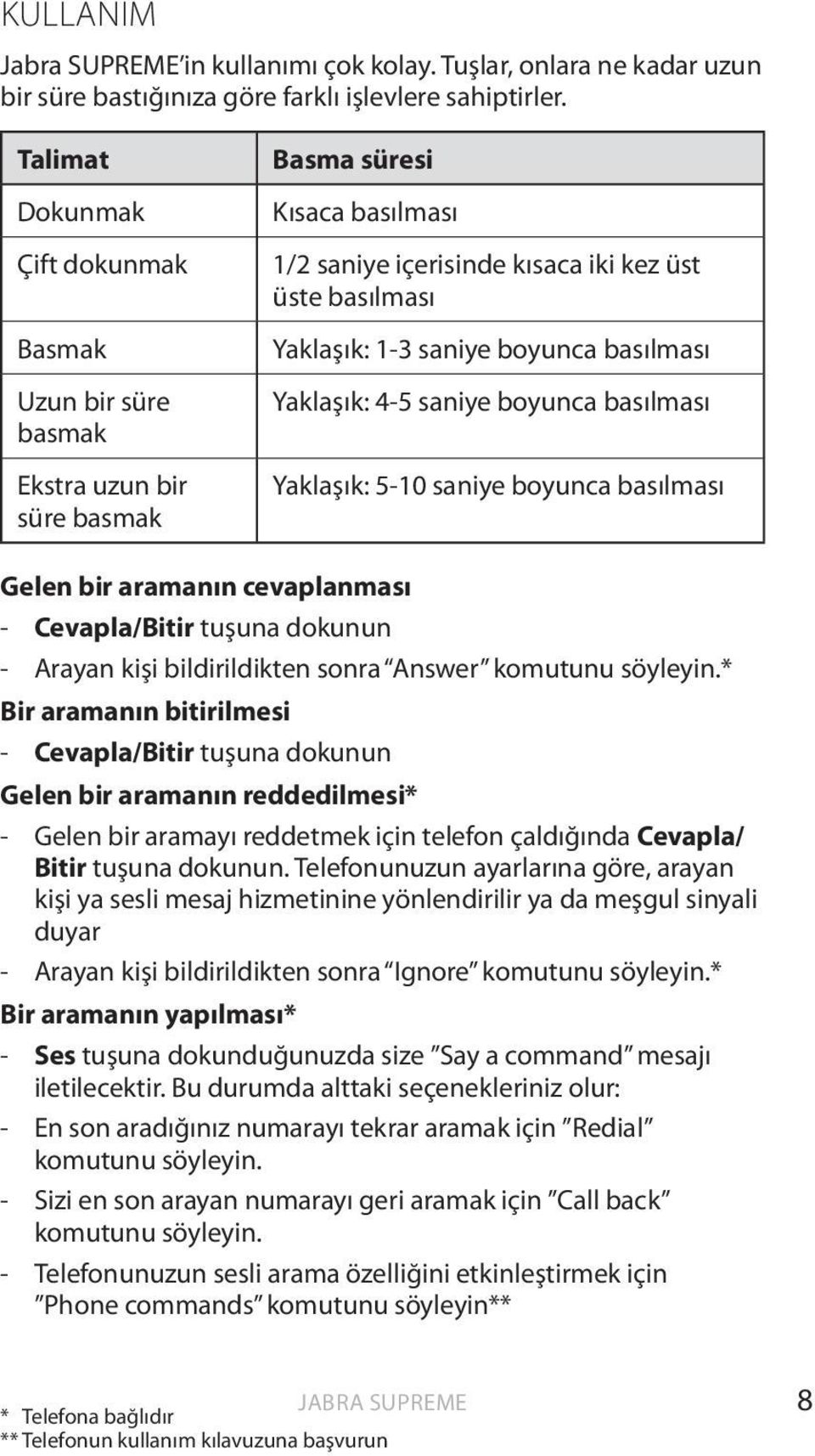 boyunca basılması Yaklaşık: 4-5 saniye boyunca basılması Yaklaşık: 5-10 saniye boyunca basılması Gelen bir aramanın cevaplanması - Cevapla/Bitir tuşuna dokunun - Arayan kişi bildirildikten sonra