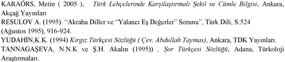 Akraba Diller ve Yalancı Eş Değerler Sorunu, Türk Dili, S:524 (Ağustos 1995), 916-924. YUDAHİN,K.