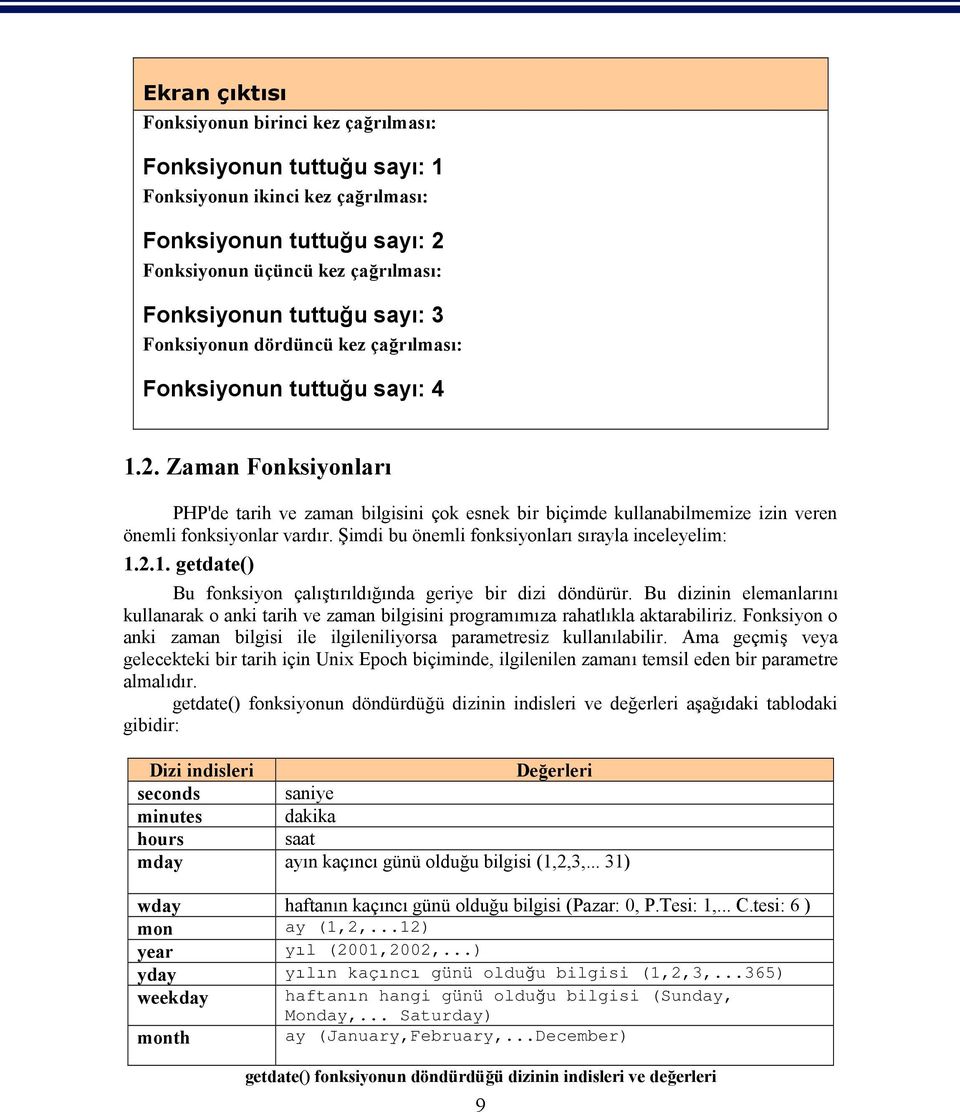 Zaman Fonksiyonları PHP'de tarih ve zaman bilgisini çok esnek bir biçimde kullanabilmemize izin veren önemli fonksiyonlar vardır. Şimdi bu önemli fonksiyonları sırayla inceleyelim: 1.