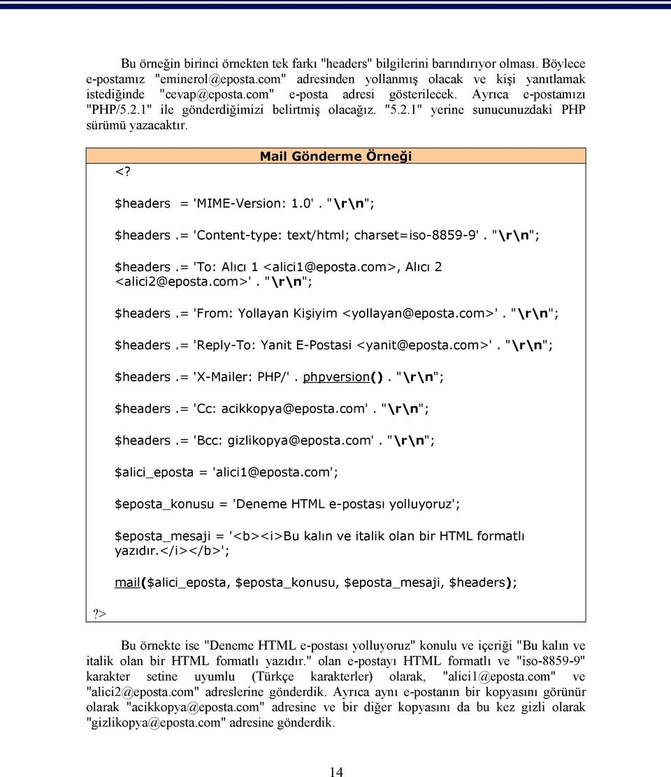 Mail Gönderme Örneği $headers = 'MIME-Version: 1.0'. "\r\n"; $headers.= 'Content-type: text/html; charset=iso-8859-9'. "\r\n"; $headers.= 'To: Alıcı 1 <alici1@eposta.com>, Alıcı 2 <alici2@eposta.