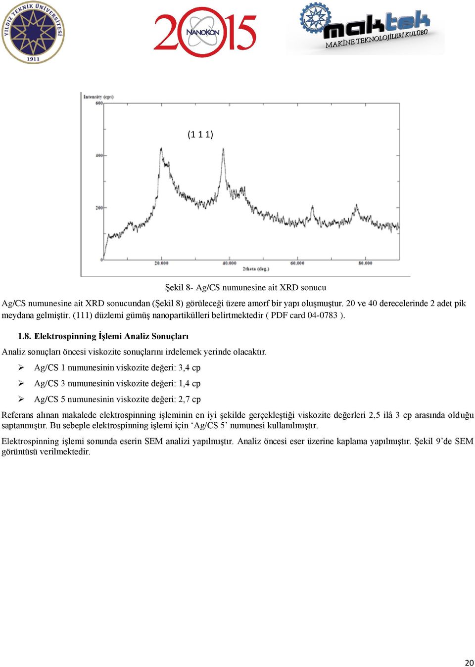 Ag/CS 1 numunesinin viskozite değeri: 3,4 cp Ag/CS 3 numunesinin viskozite değeri: 1,4 cp Ag/CS 5 numunesinin viskozite değeri: 2,7 cp Referans alınan makalede elektrospinning işleminin en iyi