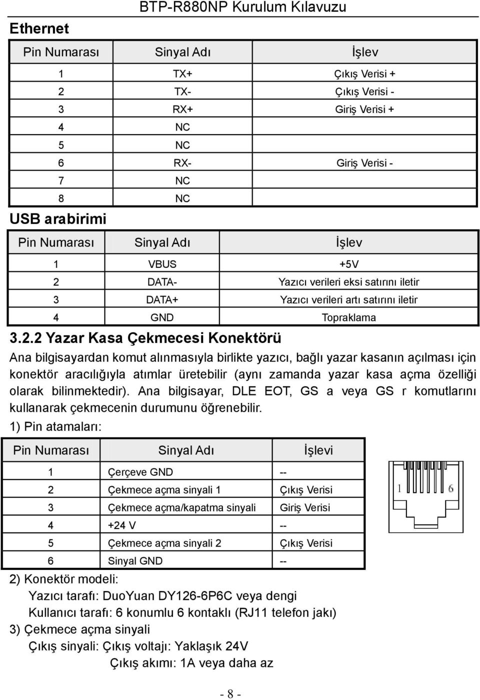 DATA- Yazıcı verileri eksi satırını iletir 3 DATA+ Yazıcı verileri artı satırını iletir 4 GND Topraklama 3.2.