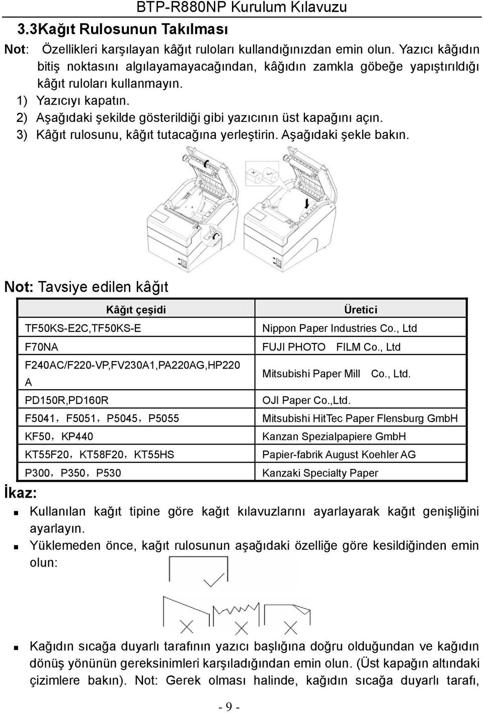 2) Aşağıdaki şekilde gösterildiği gibi yazıcının üst kapağını açın. 3) Kâğıt rulosunu, kâğıt tutacağına yerleştirin. Aşağıdaki şekle bakın.