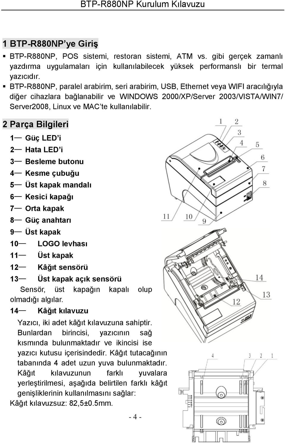 2 Parça Bilgileri 1 Güç LED i 2 Hata LED i 3 Besleme butonu 4 Kesme çubuğu 5 Üst kapak mandalı 6 Kesici kapağı 7 Orta kapak 8 Güç anahtarı 9 Üst kapak 10 LOGO levhası 11 Üst kapak 12 Kâğıt sensörü 13