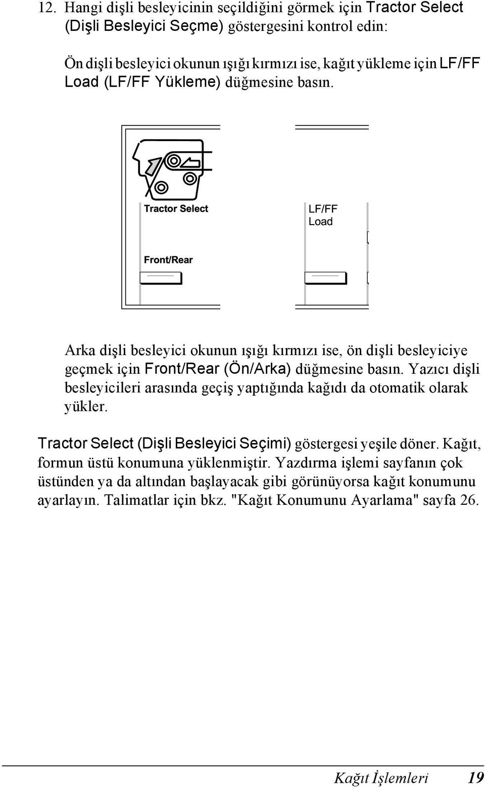 Yazıcı dişli besleyicileri arasında geçiş yaptığında kağıdı da otomatik olarak yükler. Tractor Select (Dişli Besleyici Seçimi) göstergesi yeşile döner.