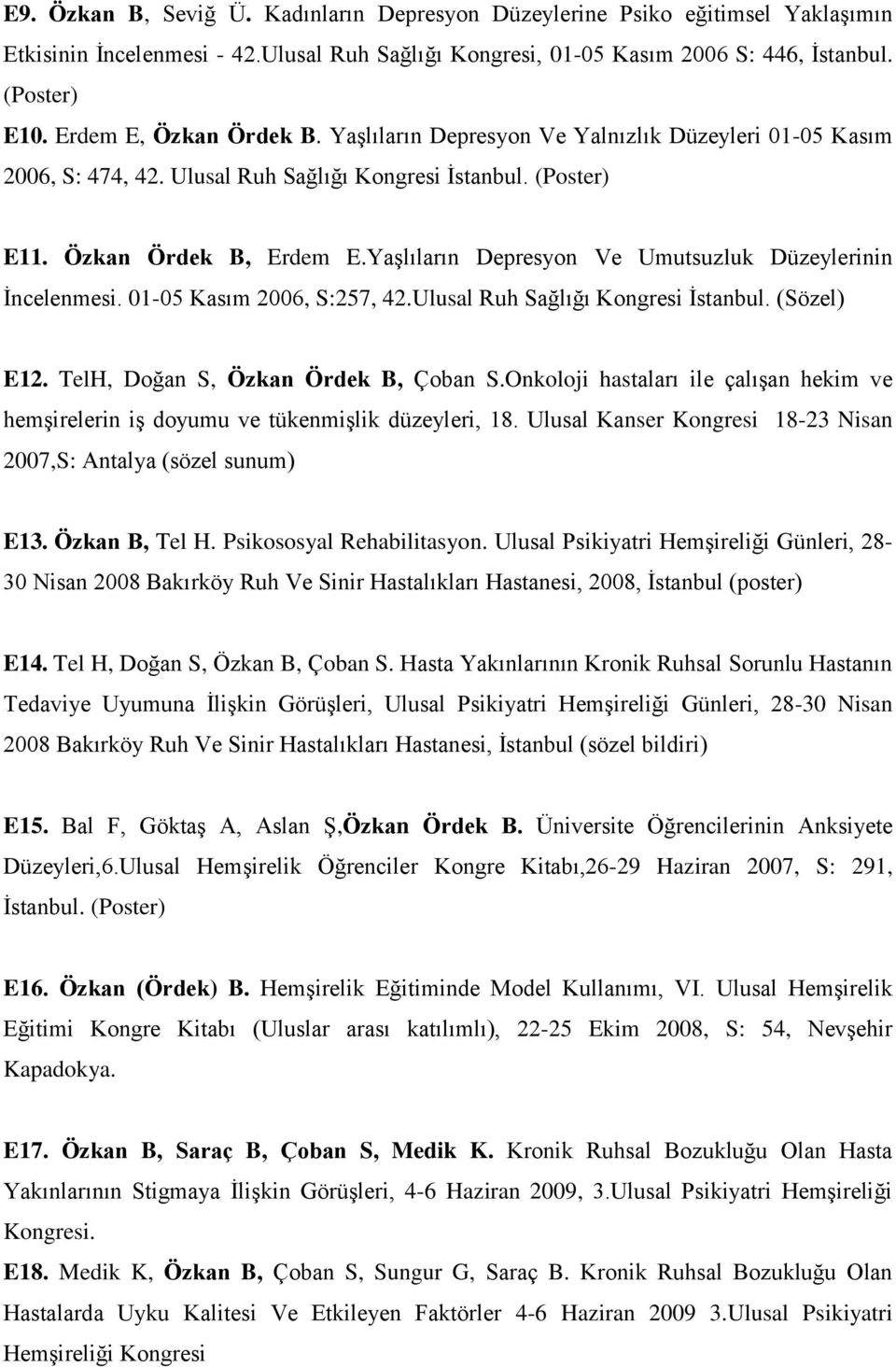 Yaşlıların Depresyon Ve Umutsuzluk Düzeylerinin İncelenmesi. 01-05 Kasım 2006, S:257, 42.Ulusal Ruh Sağlığı Kongresi İstanbul. (Sözel) E12. TelH, Doğan S, Özkan Ördek B, Çoban S.