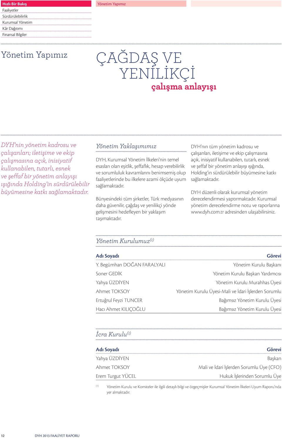 Yönetim Yaklaşımımız DYH, İlkeleri nin temel esasları olan eşitlik, şeffaflık, hesap verebilirlik ve sorumluluk kavramlarını benimsemiş olup faaliyetlerinde bu ilkelere azami ölçüde uyum