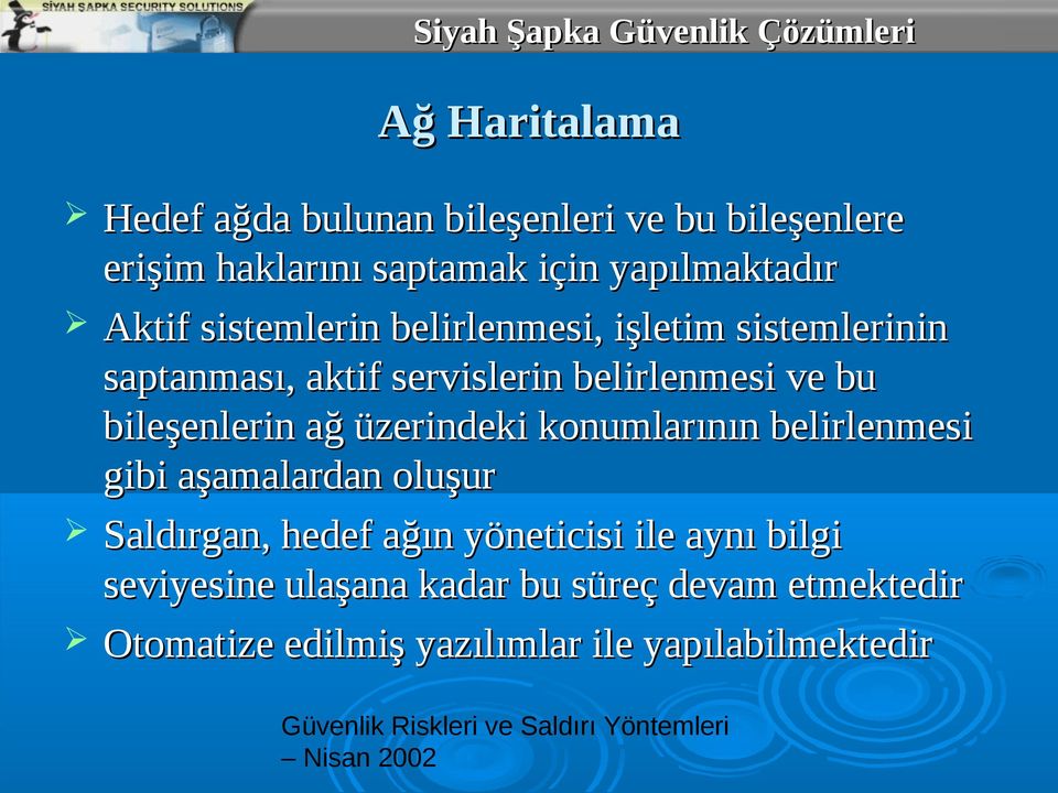 bileşenlerin ağ üzerindeki konumlarının belirlenmesi gibi aşamalardan oluşur Saldırgan, hedef ağın yöneticisi