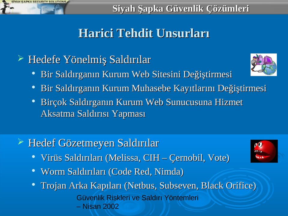 Hizmet Aksatma Saldırısı Yapması Hedef Gözetmeyen Saldırılar Virüs Saldırıları (Melissa, CIH