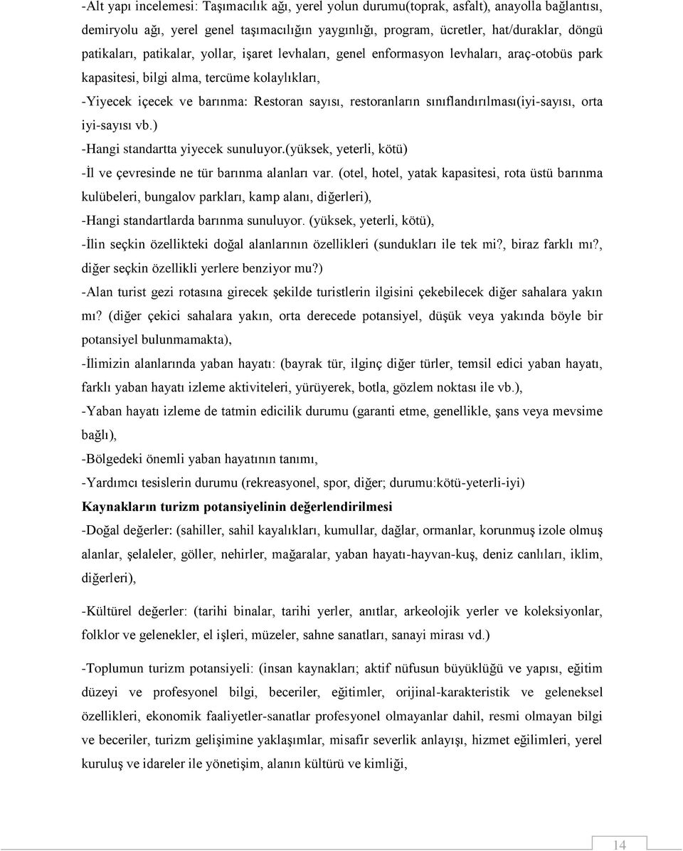 sınıflandırılması(iyisayısı, orta iyisayısı vb.) Hangi standartta yiyecek sunuluyor.(yüksek, yeterli, kötü) İl ve çevresinde ne tür barınma alanları var.