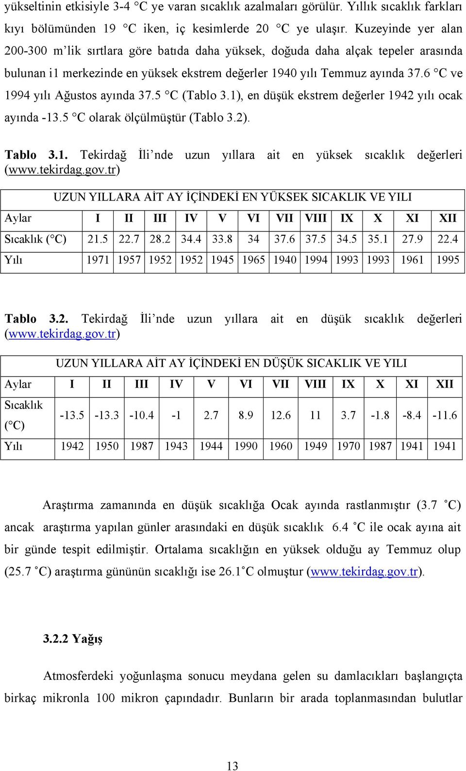 6 C ve 1994 yılı Ağustos ayında 37.5 C (Tablo 3.1), en düşük ekstrem değerler 1942 yılı ocak ayında -13.5 C olarak ölçülmüştür (Tablo 3.2). Tablo 3.1. Tekirdağ İli nde uzun yıllara ait en yüksek sıcaklık değerleri (www.