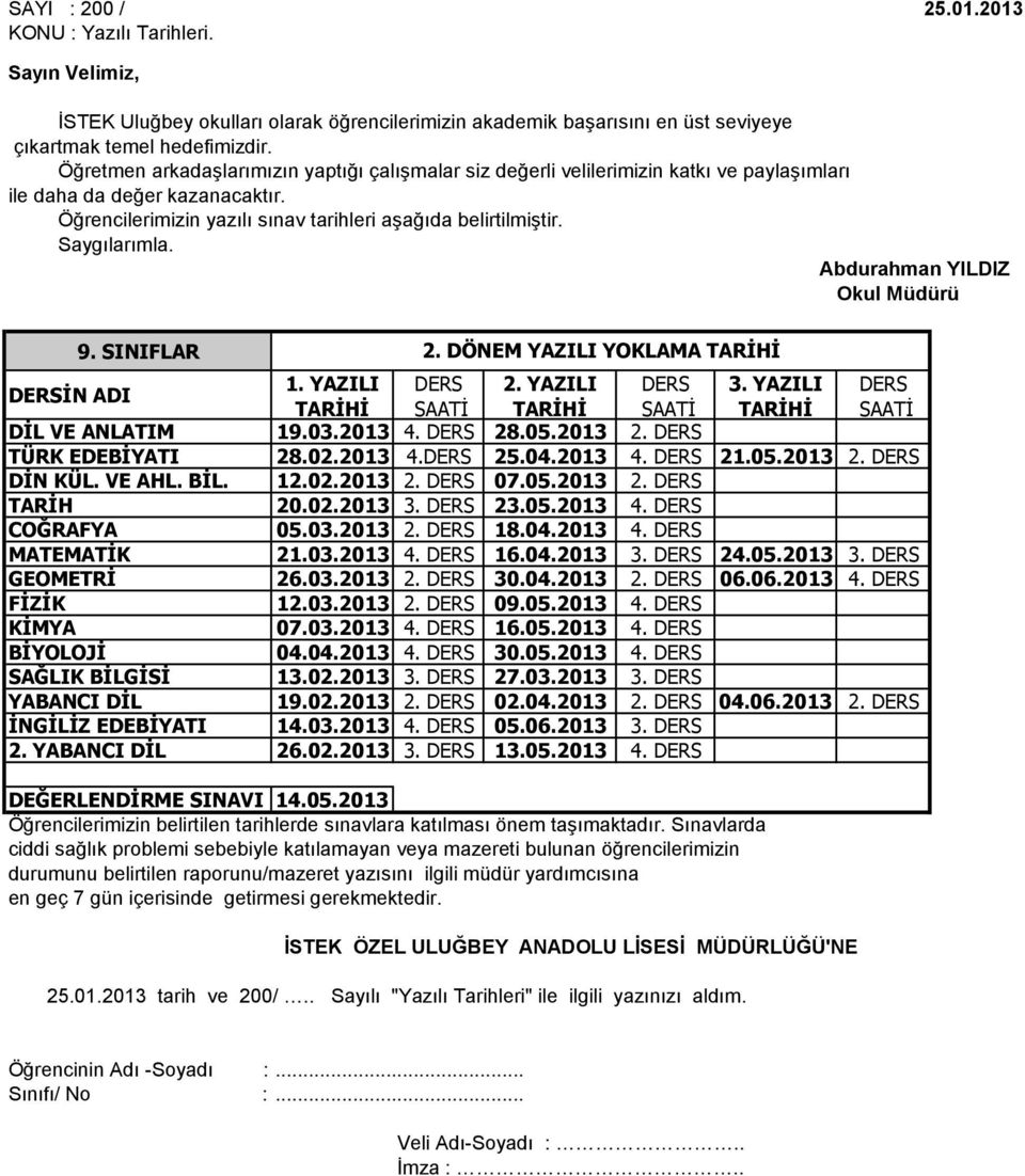 Saygılarımla. Abdurahman YILDIZ Okul Müdürü 9. SINIFLAR DİL VE ANLATIM 19.03.2013 4. DERS 28.05.2013 2. DERS TÜRK EDEBİYATI 28.02.2013 4.DERS 25.04.2013 4. DERS 21.05.2013 2. DERS DİN KÜL. VE AHL.