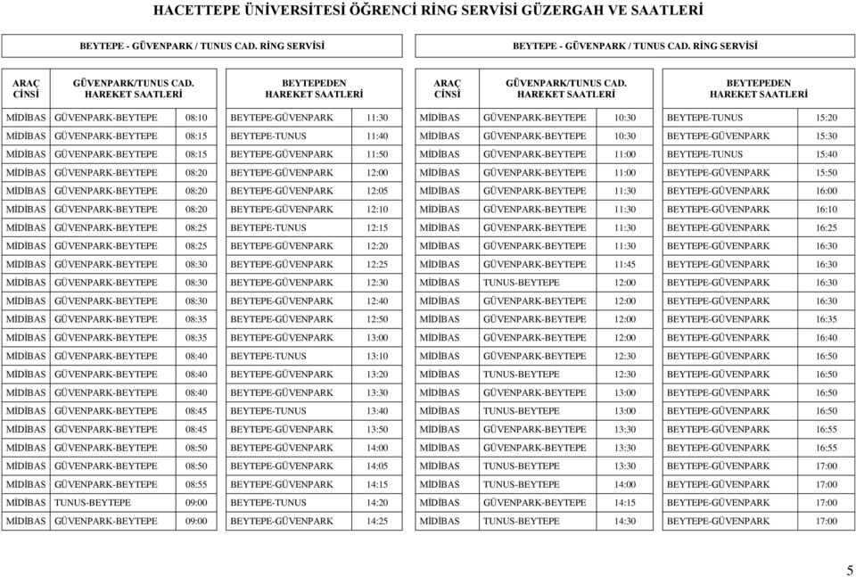 BEYTEPEDEN GÜVENPARK-BEYTEPE 08:10 BEYTEPE-GÜVENPARK 11:30 GÜVENPARK-BEYTEPE 10:30 BEYTEPE-TUNUS 15:20 GÜVENPARK-BEYTEPE 08:15 BEYTEPE-TUNUS 11:40 GÜVENPARK-BEYTEPE 10:30 BEYTEPE-GÜVENPARK 15:30