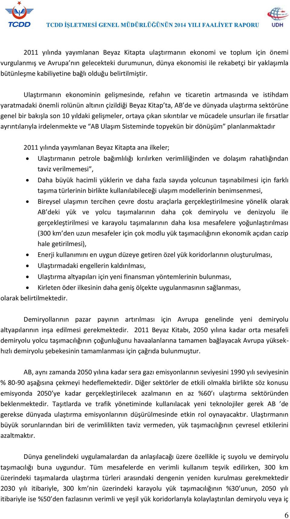 Ulaştırmanın ekonominin gelişmesinde, refahın ve ticaretin artmasında ve istihdam yaratmadaki önemli rolünün altının çizildiği Beyaz Kitap ta, AB de ve dünyada ulaştırma sektörüne genel bir bakışla