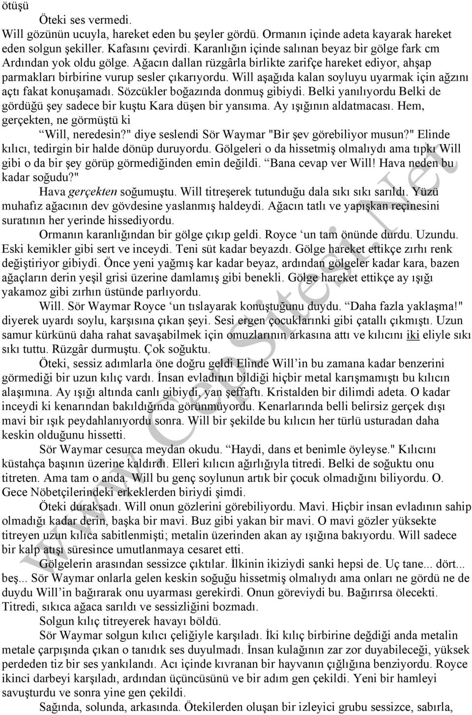 Will aşağıda kalan soyluyu uyarmak için ağzını açtı fakat konuşamadı. Sözcükler boğazında donmuş gibiydi. Belki yanılıyordu Belki de gördüğü şey sadece bir kuştu Kara düşen bir yansıma.