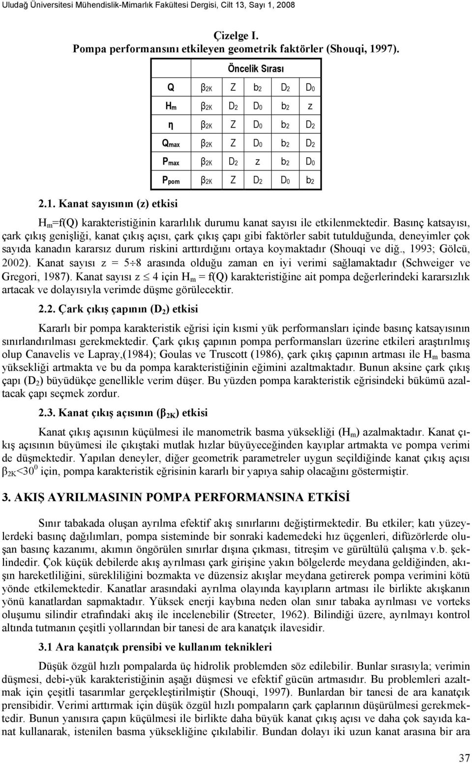 Kanat sayısının (z) etkisi H m =f(q) karakteristiğinin kararlılık durumu kanat sayısı ile etkilenmektedir.