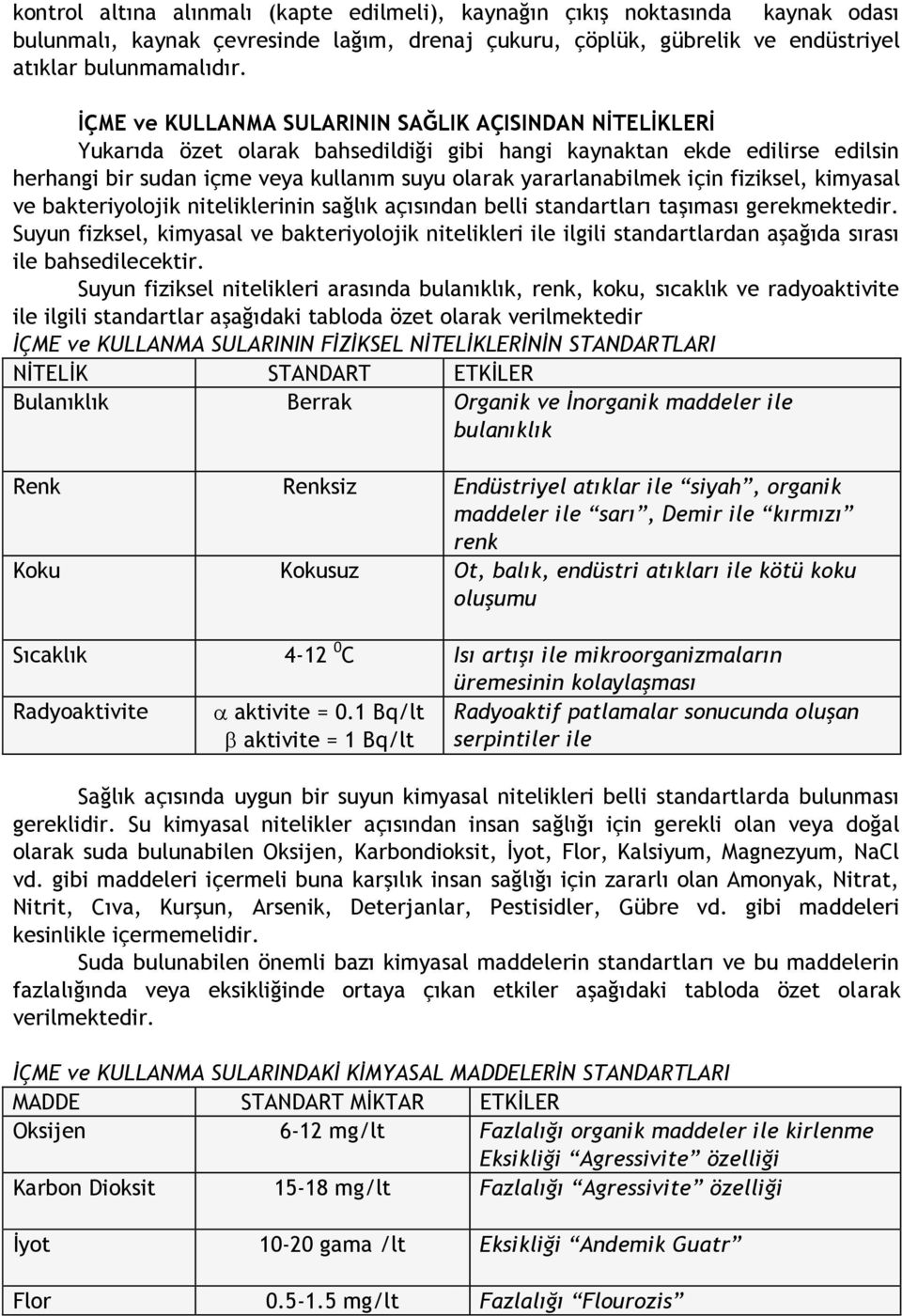 için fiziksel, kimyasal ve bakteriyolojik niteliklerinin sağlık açısından belli standartları taşıması gerekmektedir.