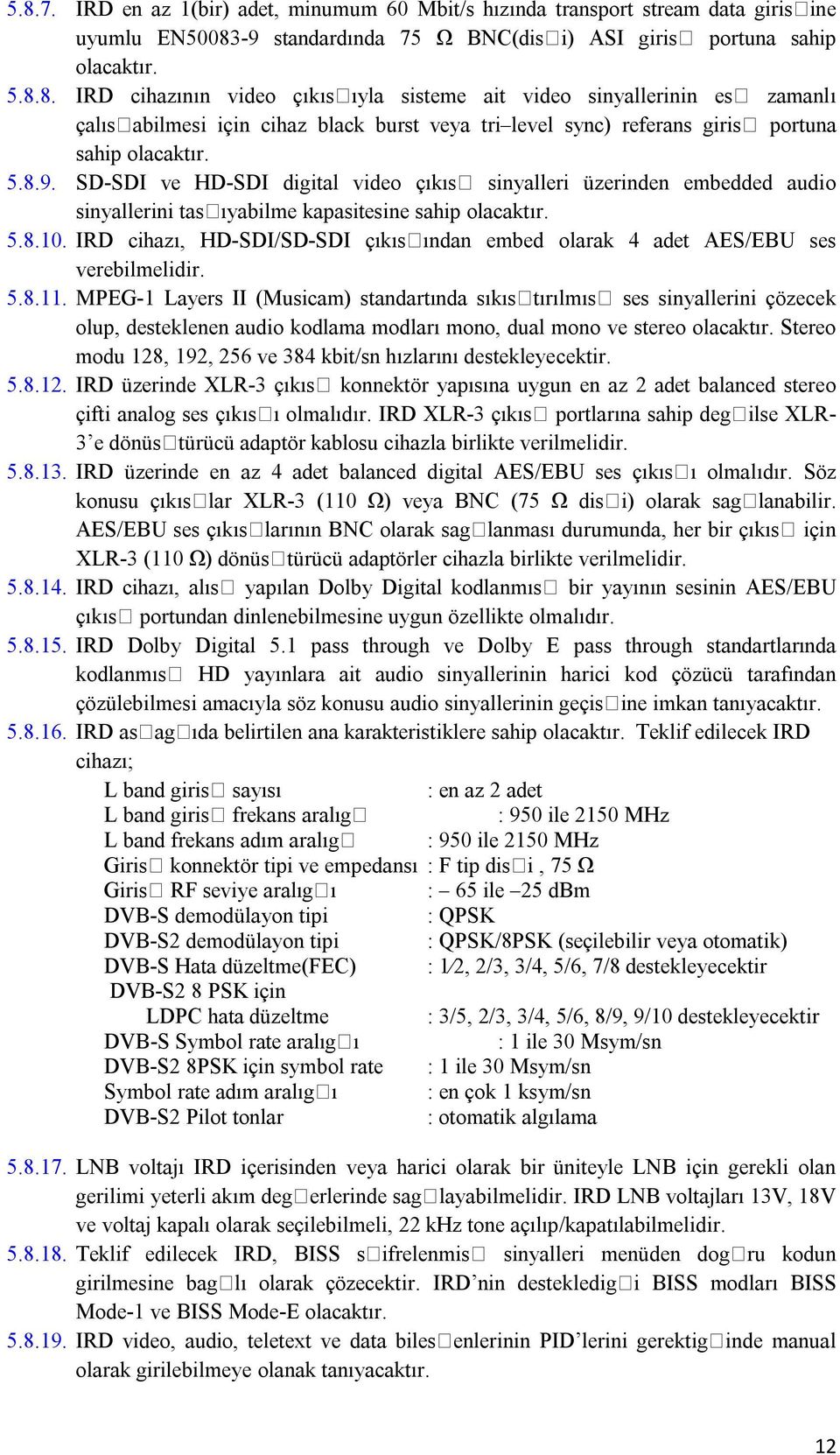 IRD cihazı, HD-SDI/SD-SDI çıkıs ından embed olarak 4 adet AES/EBU ses verebilmelidir. 5.8.11.