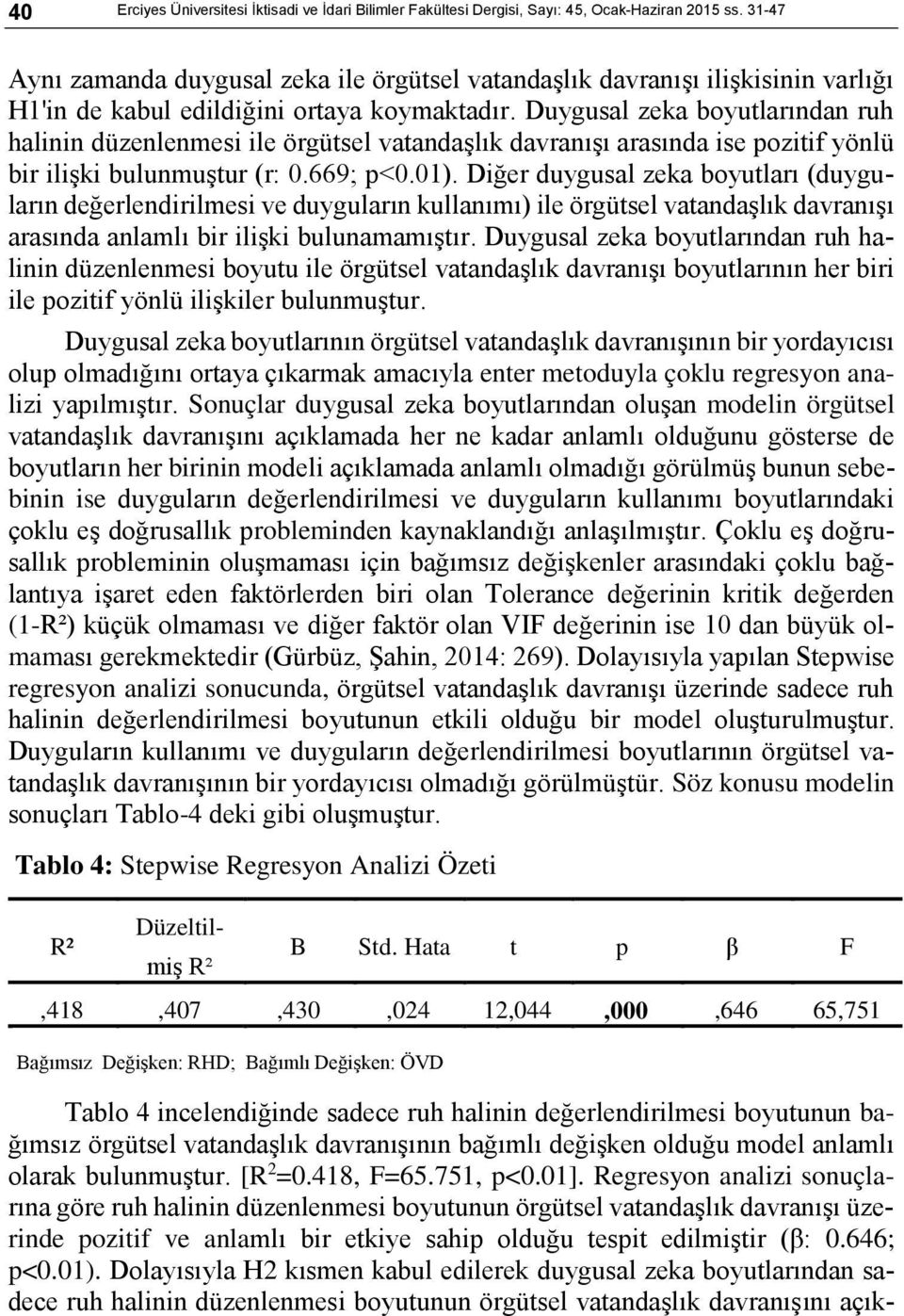 Duygusal zeka boyutlarından ruh halinin düzenlenmesi ile örgütsel vatandaşlık davranışı arasında ise pozitif yönlü bir ilişki bulunmuştur (r: 0.669; p<0.01).