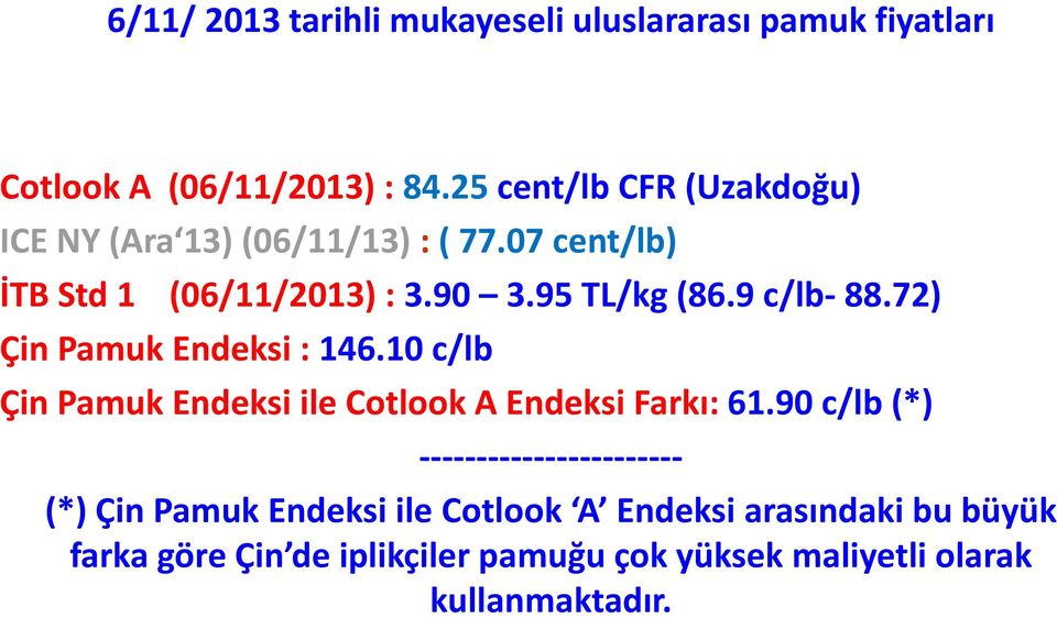 9 c/lb- 88.72) Çin Pamuk Endeksi : 146.10 c/lb Çin Pamuk Endeksi ile Cotlook A Endeksi Farkı: 61.