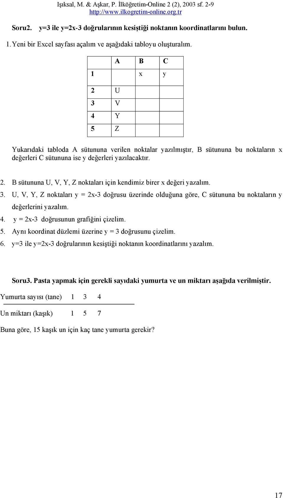 3. U, V, Y, Z noktaları y = 2x-3 doğrusu üzerinde olduğuna göre, C sütununa bu noktaların y değerlerini yazalım. 4. y = 2x-3 doğrusunun grafiğini çizelim. 5.