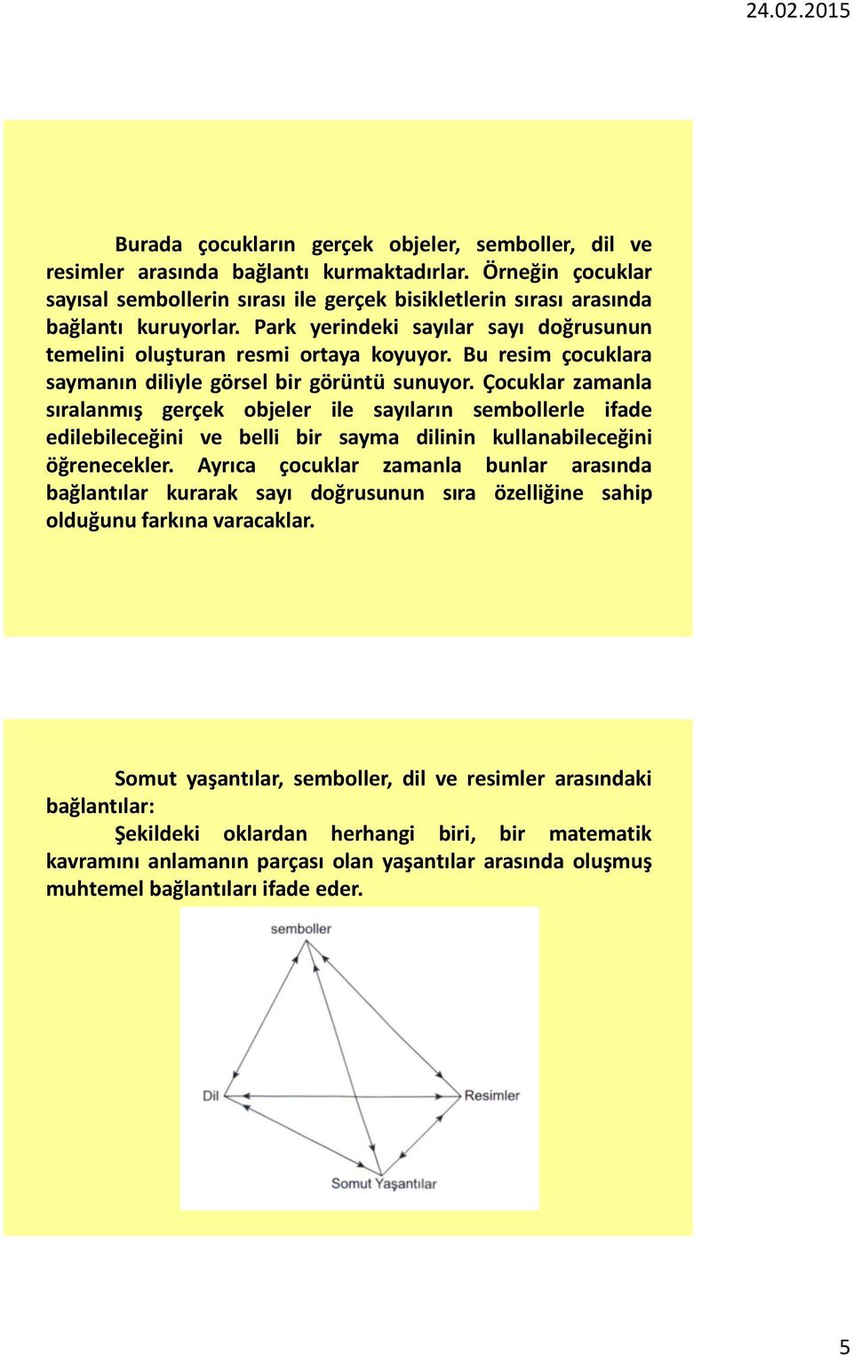 Çocuklar zamanla sıralanmış gerçek objeler ile sayıların sembollerle ifade edilebileceğini ve belli bir sayma dilinin kullanabileceğini öğrenecekler.