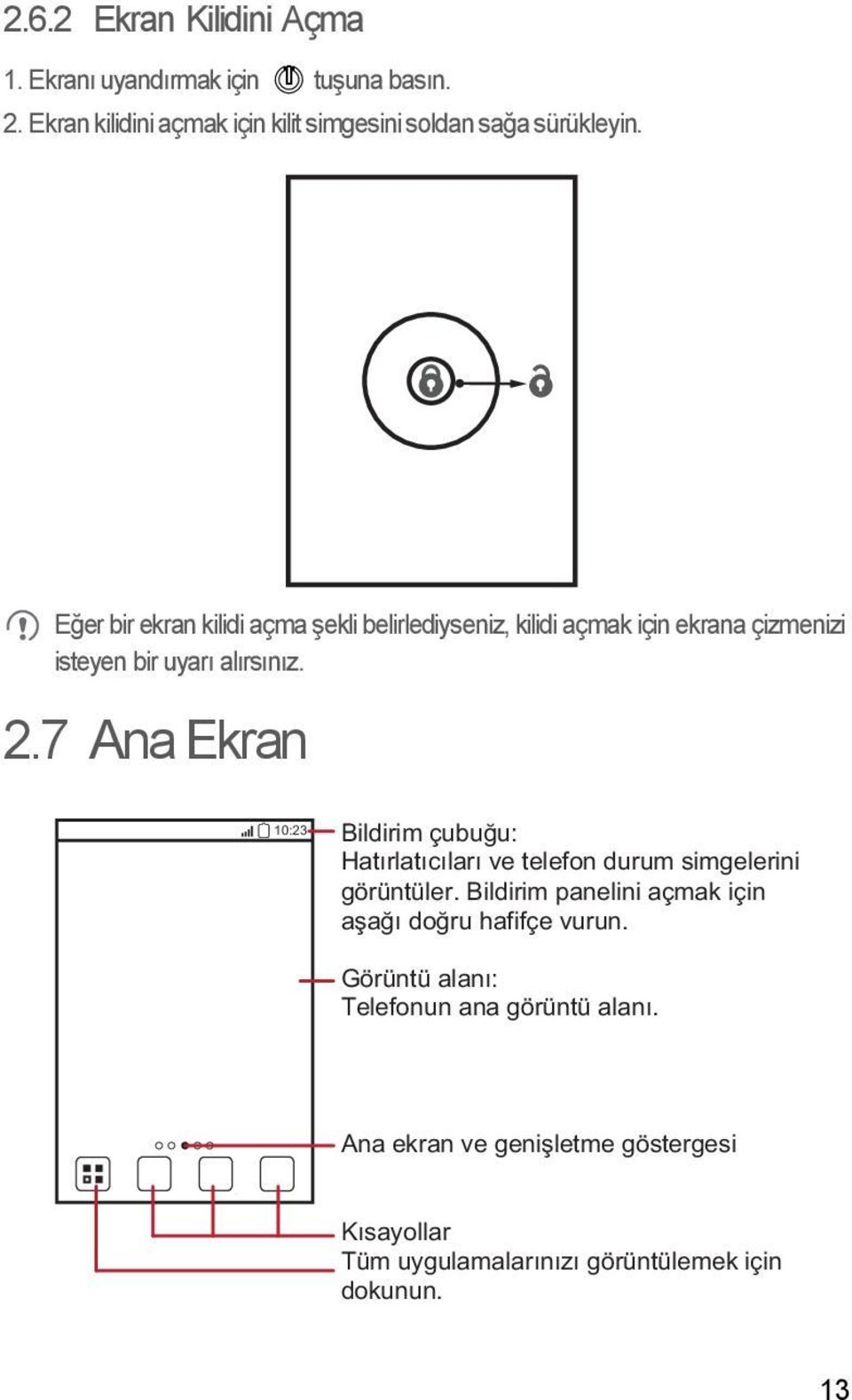 7 Ana Ekran 10:23 Bildirim çubuğu: Hatırlatıcıları ve telefon durum simgelerini görüntüler.