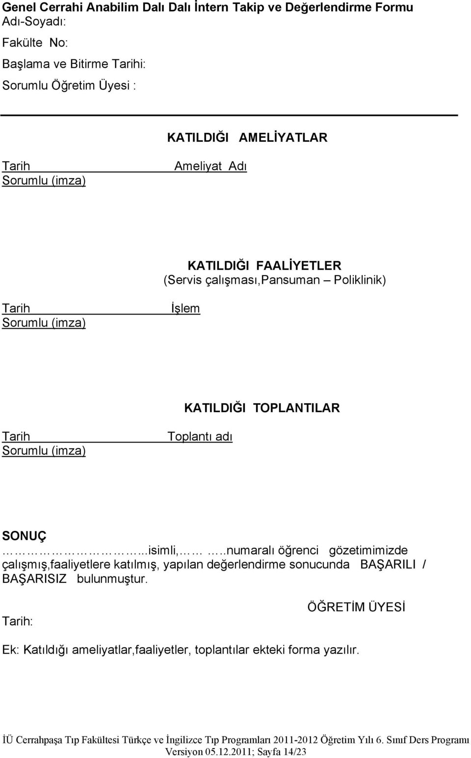 TOPLANTILAR Tarih Sorumlu (imza) Toplantı adı SONUÇ...isimli,.