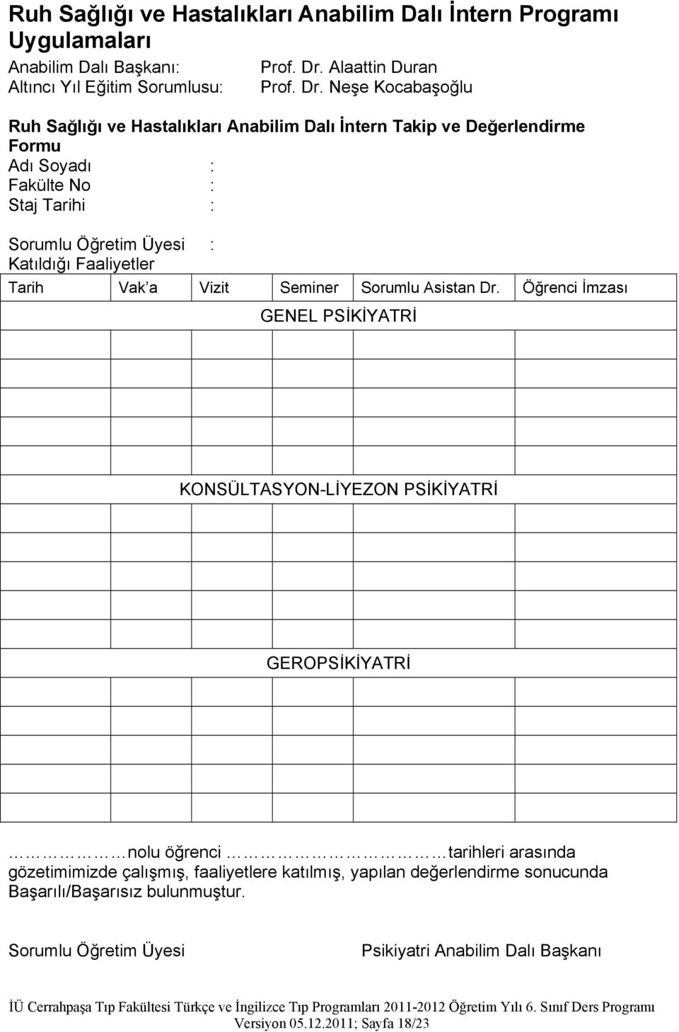 Neşe Kocabaşoğlu Ruh Sağlığı ve Hastalıkları Anabilim Dalı İntern Takip ve Değerlendirme Formu Adı Soyadı : Fakülte No : Staj Tarihi : Sorumlu Öğretim Üyesi : Katıldığı