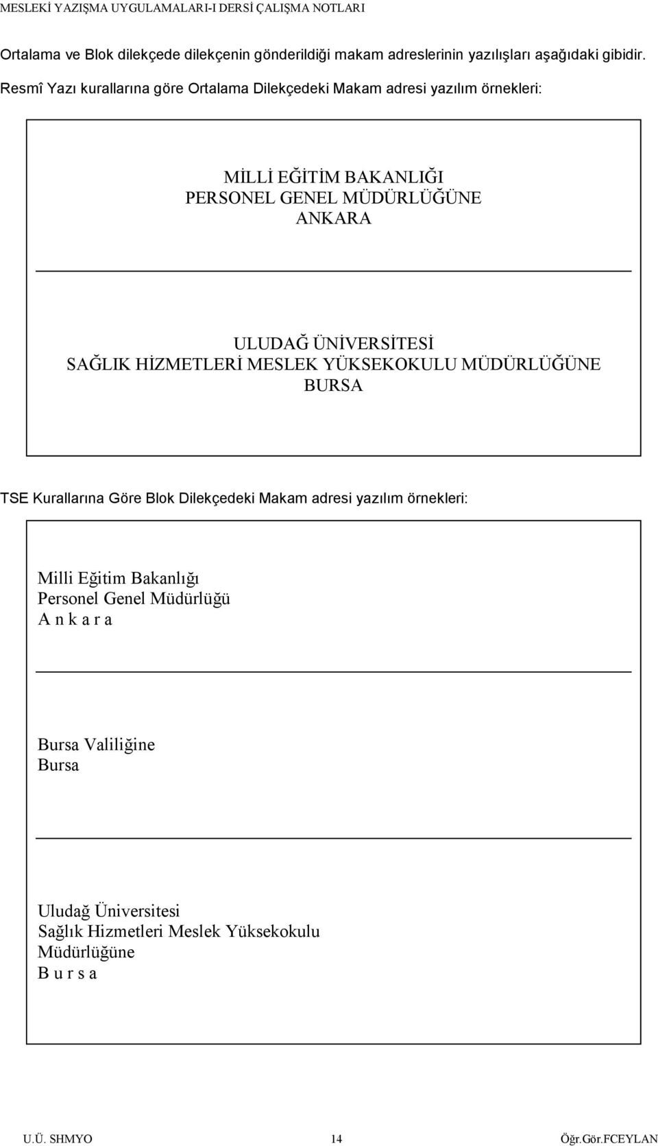 ULUDAĞ ÜNĐVERSĐTESĐ SAĞLIK HĐZMETLERĐ MESLEK YÜKSEKOKULU MÜDÜRLÜĞÜNE BURSA TSE Kurallarına Göre Blok Dilekçedeki Makam adresi yazılım