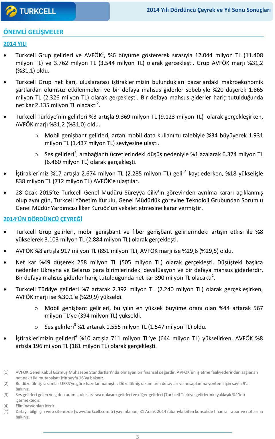 Turkcell Grup net karı, uluslararası iştiraklerimizin bulundukları pazarlardaki makroekonomik şartlardan olumsuz etkilenmeleri ve bir defaya mahsus giderler sebebiyle %20 düşerek 1.865 milyon TL (2.