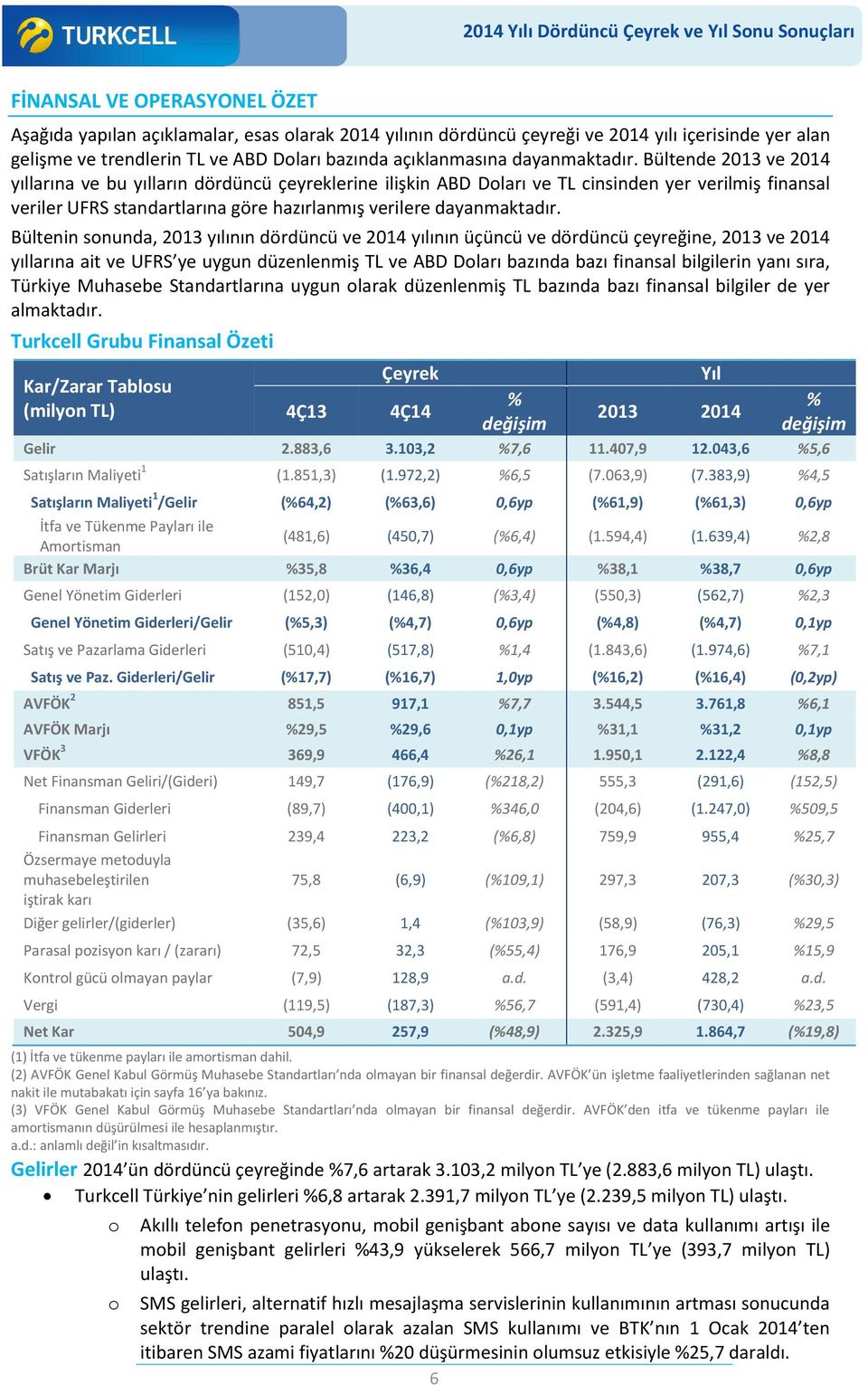 Bültende 2013 ve 2014 yıllarına ve bu yılların dördüncü çeyreklerine ilişkin ABD Doları ve TL cinsinden yer verilmiş finansal veriler UFRS standartlarına göre hazırlanmış verilere  Bültenin sonunda,