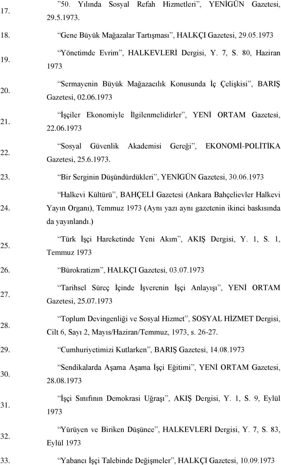 6.1973. 23. Bir Serginin DüĢündürdükleri, YENĠGÜN Gazetesi, 30.06.1973 24. 25.