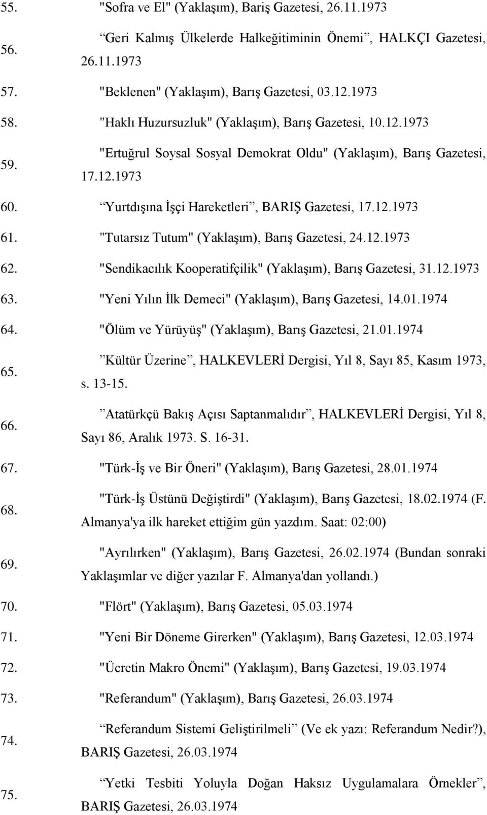 "Tutarsız Tutum" (YaklaĢım), BarıĢ Gazetesi, 24.12.1973 62. "Sendikacılık Kooperatifçilik" (YaklaĢım), BarıĢ Gazetesi, 31.12.1973 63. "Yeni Yılın Ġlk Demeci" (YaklaĢım), BarıĢ Gazetesi, 14.01.1974 64.