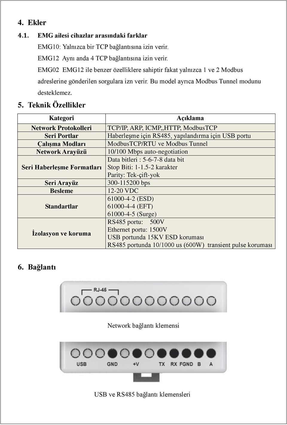 Teknik Özellikler Kategori Network Protokolleri Seri Portlar Çalışma Modları Network Arayüzü Seri Haberleşme Formatları Seri Arayüz Besleme Standartlar İzolasyon ve koruma Açıklama TCP/IP, ARP,