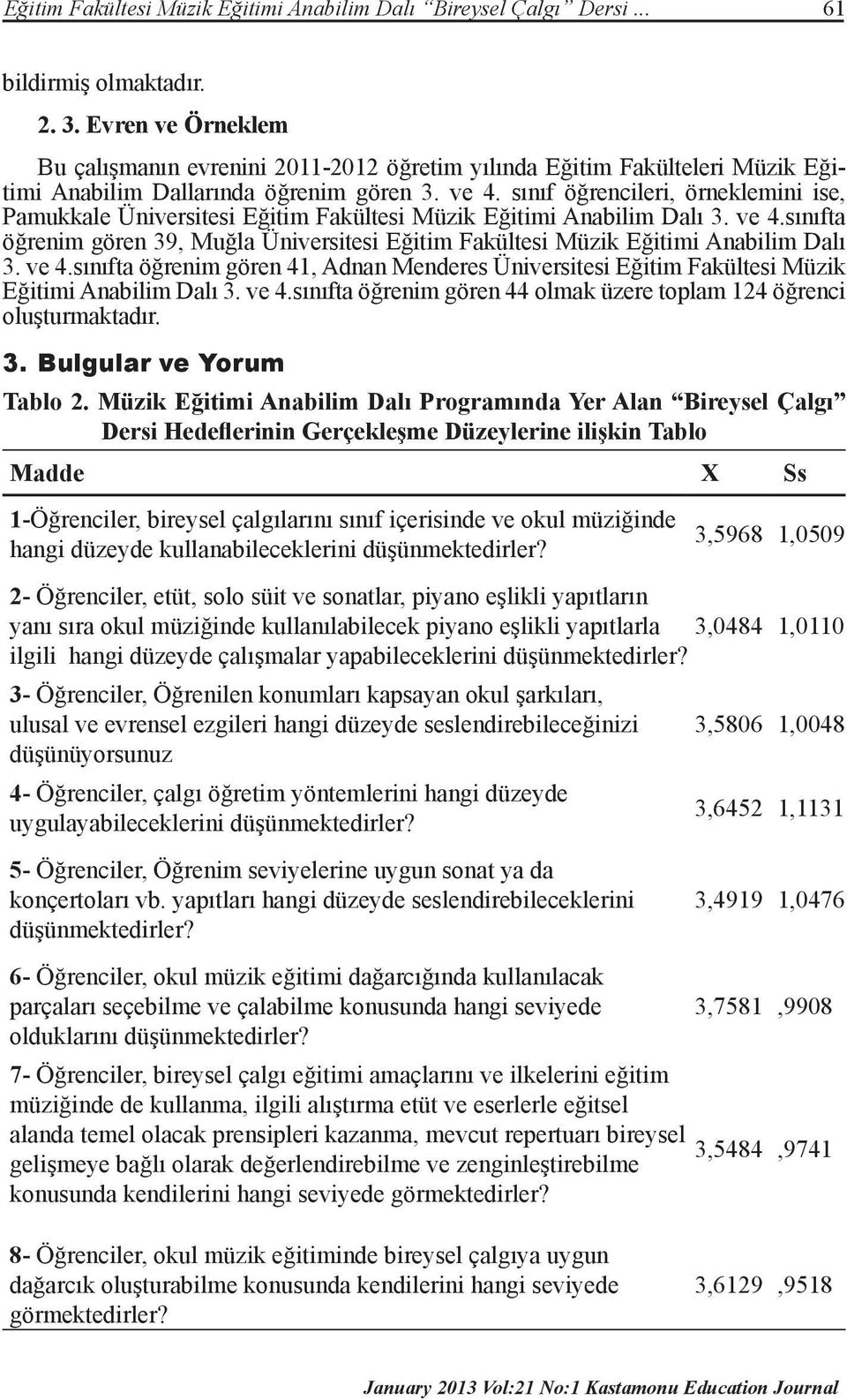 sınıf öğrencileri, örneklemini ise, Pamukkale Üniversitesi Eğitim Fakültesi Müzik Eğitimi Anabilim Dalı 3. ve 4.