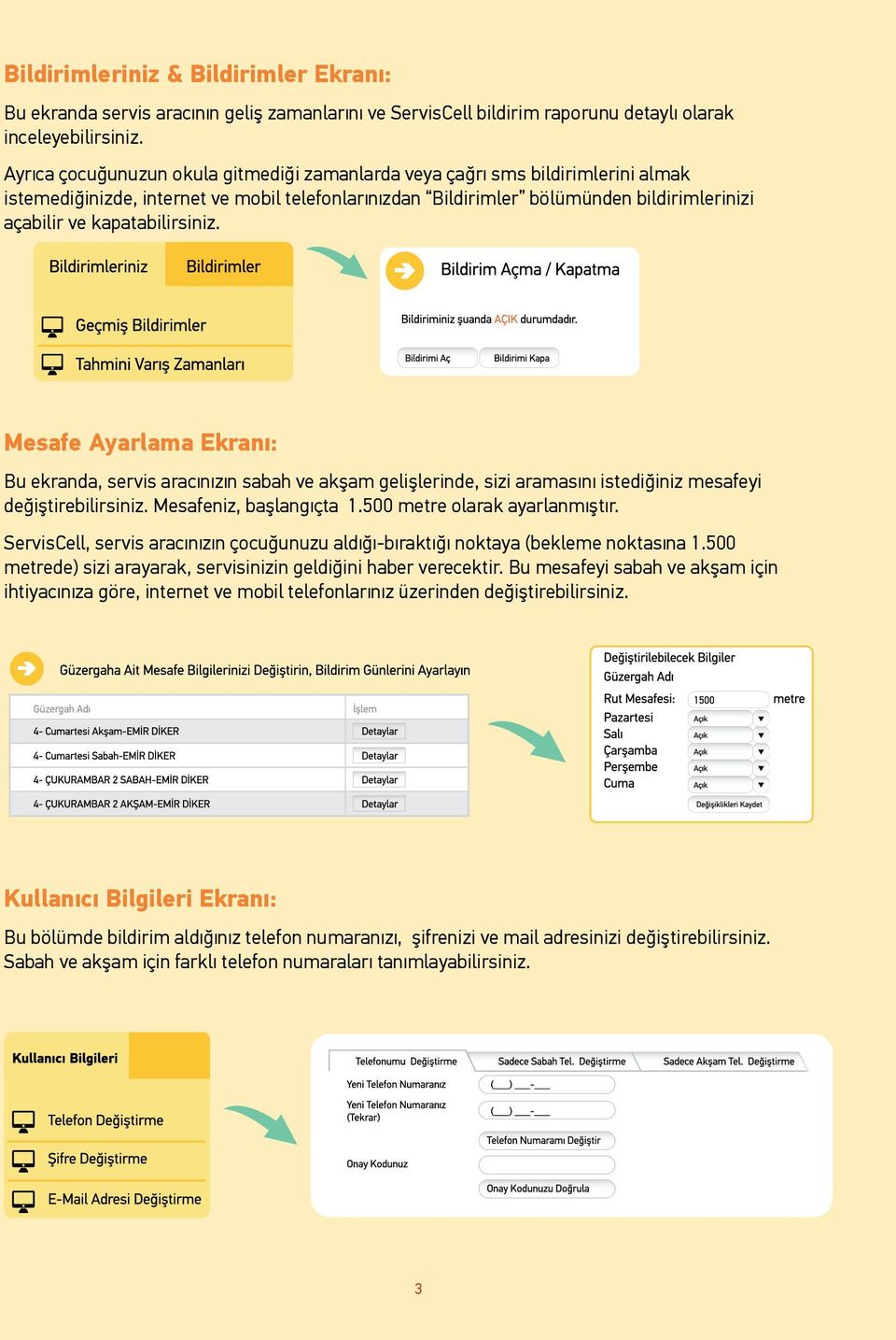 kapatabilirsiniz. Mesafe Ayarlama Ekranı: Bu ekranda, servis aracınızın sabah ve akşam gelişlerinde, sizi aramasını istediğiniz mesafeyi değiştirebilirsiniz. Mesafeniz, başlangıçta 1.