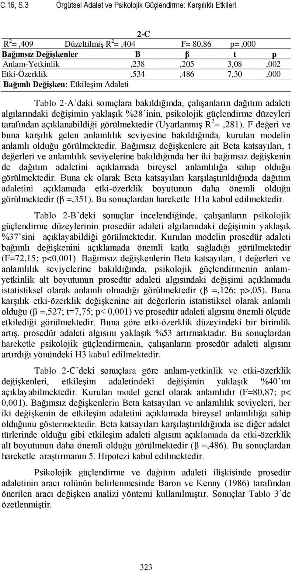 Etki-Özerklik,534,486 7,30,000 Bağımlı Değişken: Etkileşim Adaleti Tablo 2-A daki sonuçlara bakıldığında, çalışanların dağıtım adaleti algılarındaki değişimin yaklaşık %28 inin, psikolojik