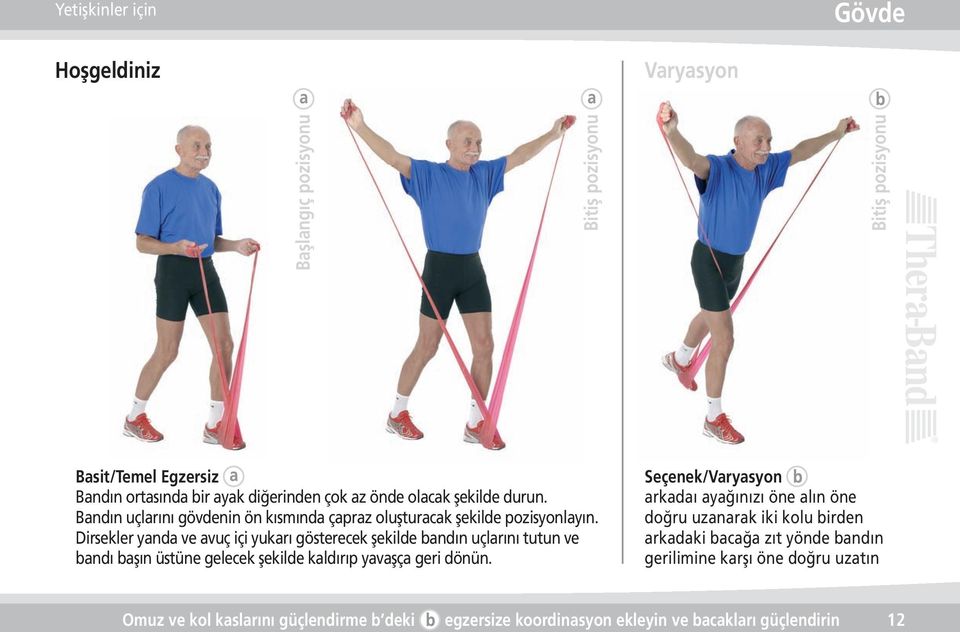 Dirsekler yanda ve avuç içi yukarı gösterecek şekilde bandın uçlarını tutun ve bandı başın üstüne gelecek şekilde kaldırıp yavaşça geri dönün.