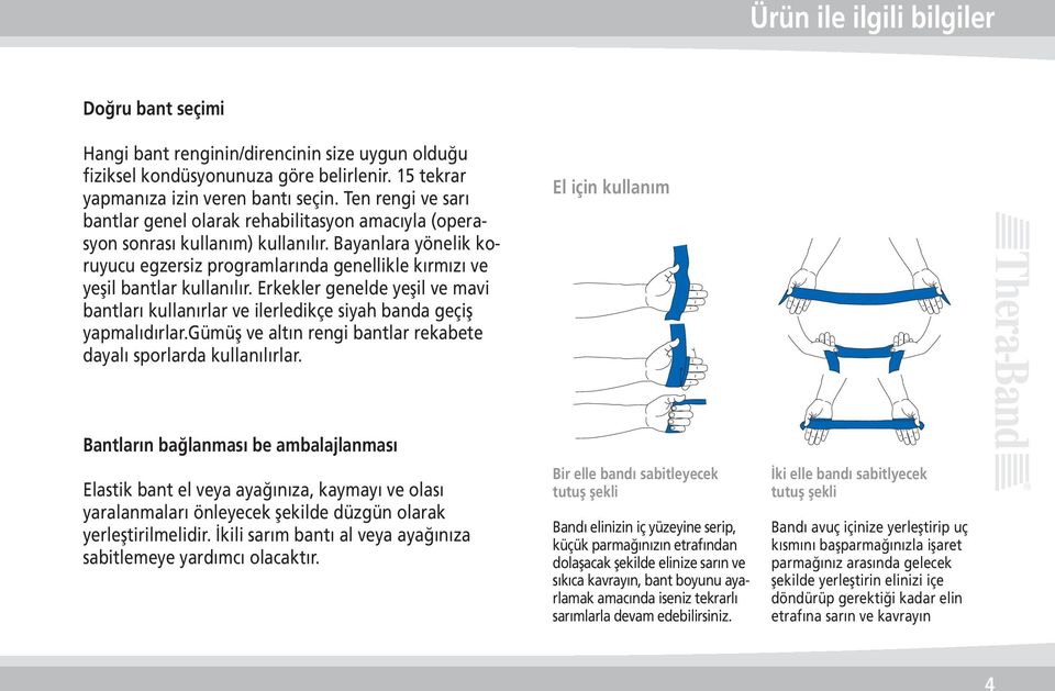 Bayanlara yönelik koruyucu egzersiz programlarında genellikle kırmızı ve yeşil bantlar kullanılır. Erkekler genelde yeşil ve mavi bantları kullanırlar ve ilerledikçe siyah banda geçiş yapmalıdırlar.