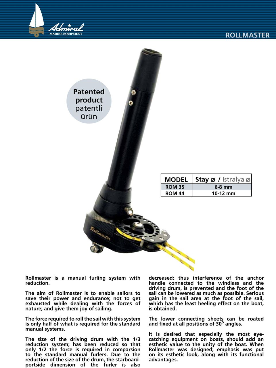 The force required to roll the sail with this system is only half of what is required for the standard manual systems.